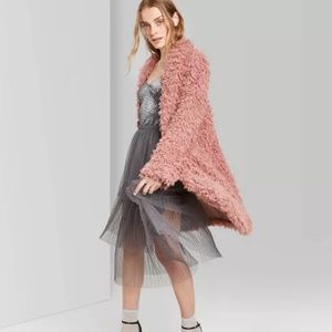 dusty pink open front fluffy jacket with pockets